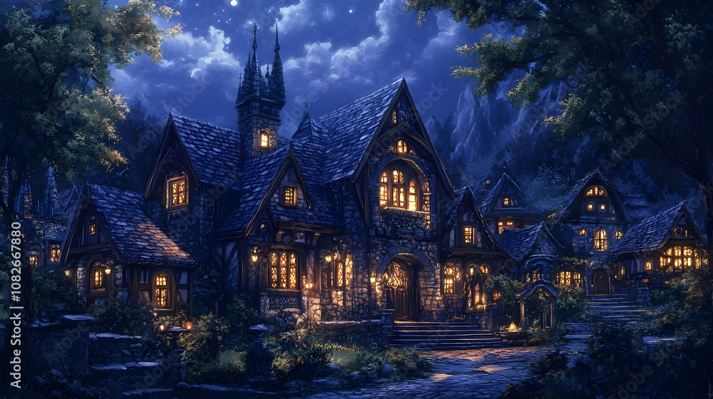 Illustration - Enchanting Medieval Village Under Moonlight Illustration - Enchanting Medieval Village Under Moonlight