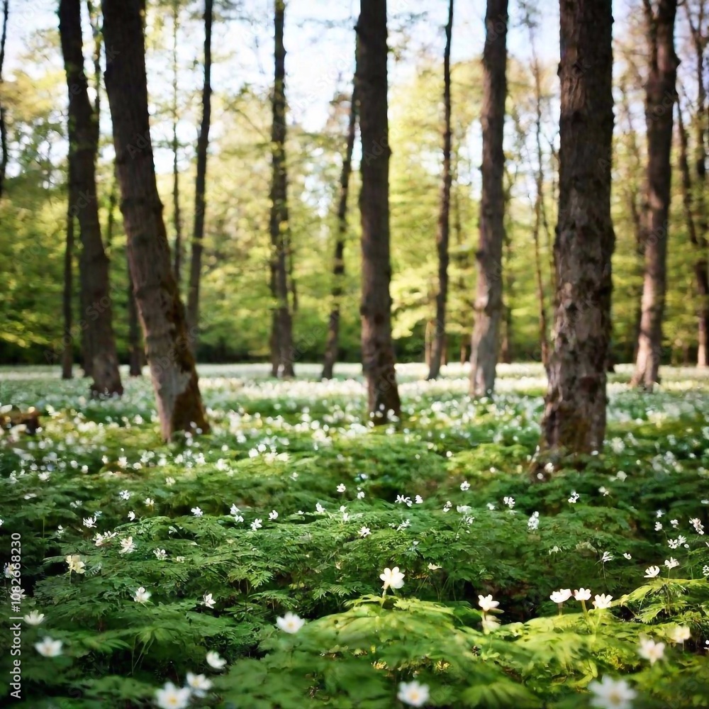 Design an extreme wide shot of a serene, sprawling forest clearing in spring, where the ground is covered in a blanket of delicate spring flowers. Include towering trees in the background and a gentle Design an extreme wide shot of a serene, sprawling forest clearing in spring, where the ground is covered in a blanket of delicate spring flowers. Include towering trees in the background and a gentle