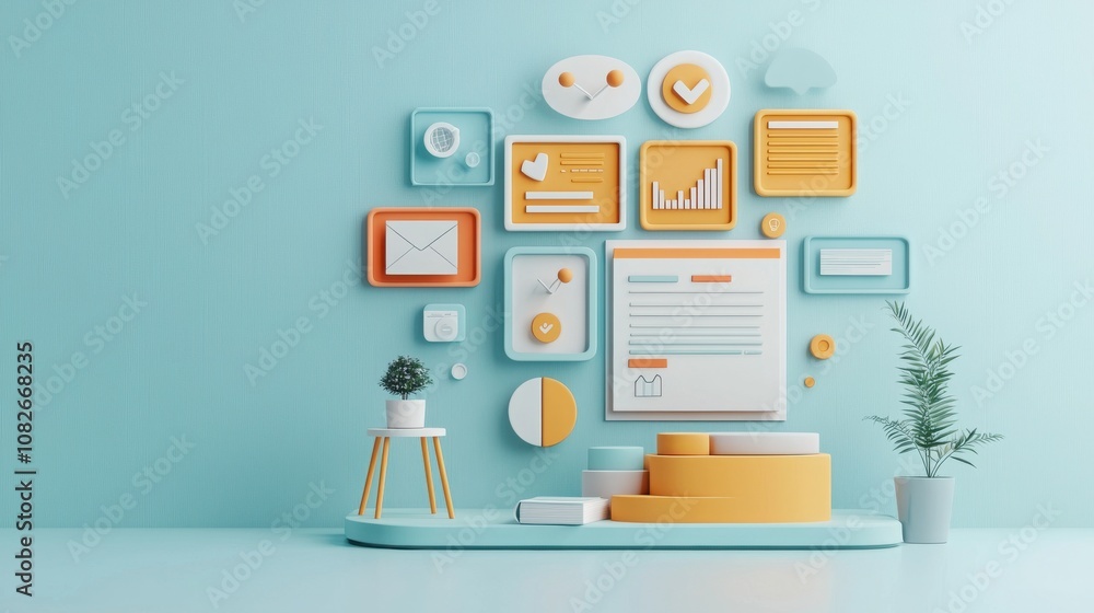 Fototapeta premium Online learning platform design creative workspace digital art bright environment minimalist viewpoint modern education concept