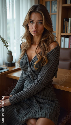 Beautiful young woman sitting gracefully in cozy knitted dress at home with soft natural light for lifestyle concept