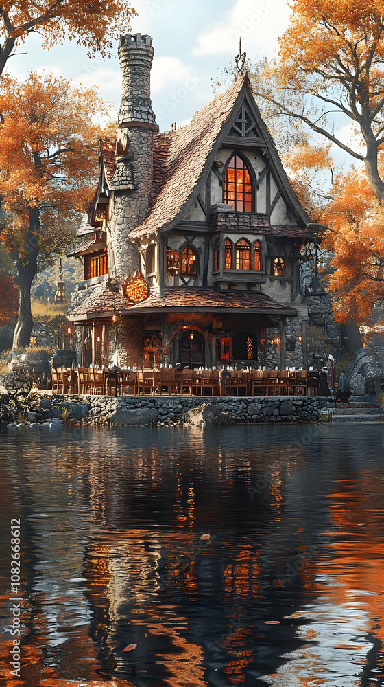 Illustration - Cozy Lakeside Tavern in Autumn Woods Illustration - Cozy Lakeside Tavern in Autumn Woods