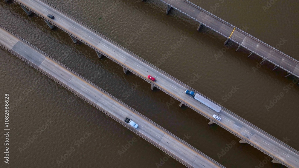 Obraz premium Traveling across America on interstate highway I-95 crossing Lake Marion, SC cars and trucks shipping and transportation