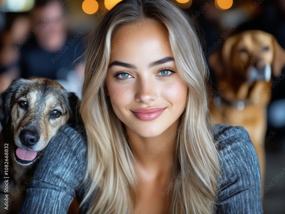 A woman sitting next to two dogs in a restaurant A woman sitting next to two dogs in a restaurant