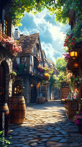 Illustration - Charming Medieval Village Street Sunny Day photo