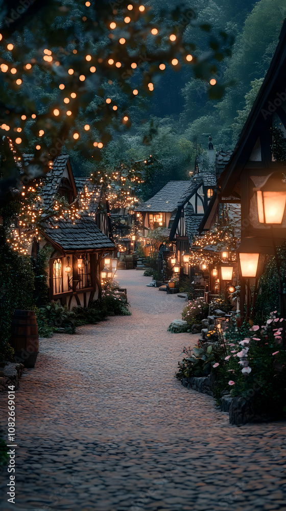 Fototapeta premium Illustration of Cozy Village Lane with Cobblestone Path and Warm Lights