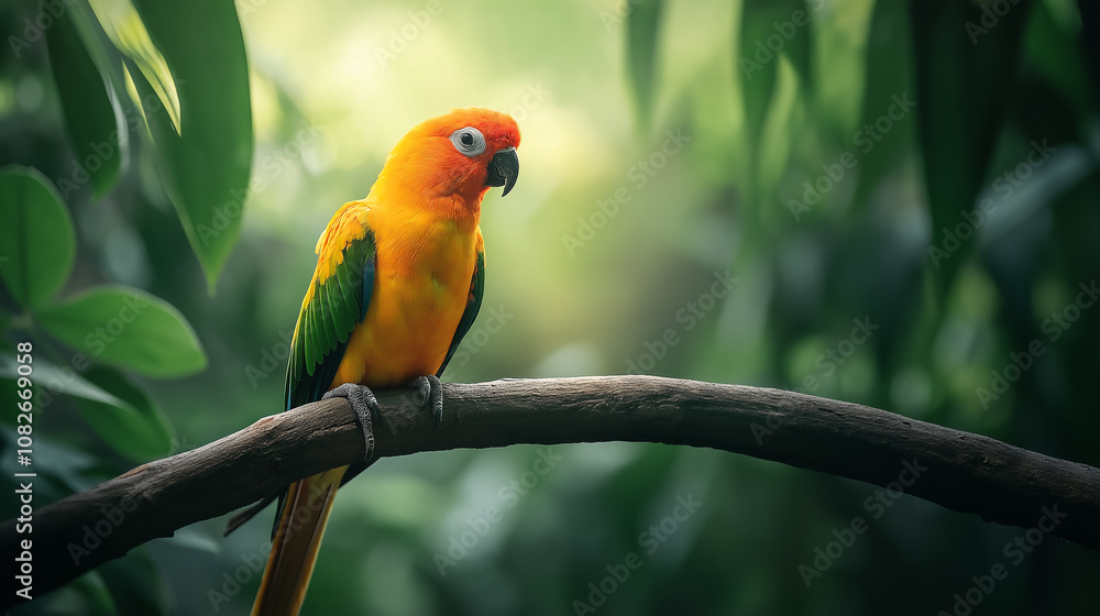 sun conure parrot perched on a branch isolated on a white background sun conure parrot perched on a branch isolated on a white background