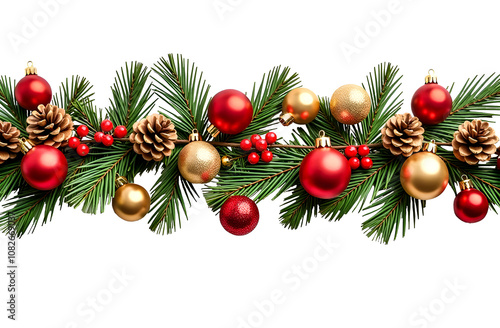 Christmas garland with red and gold baubles, berries, and pinecones