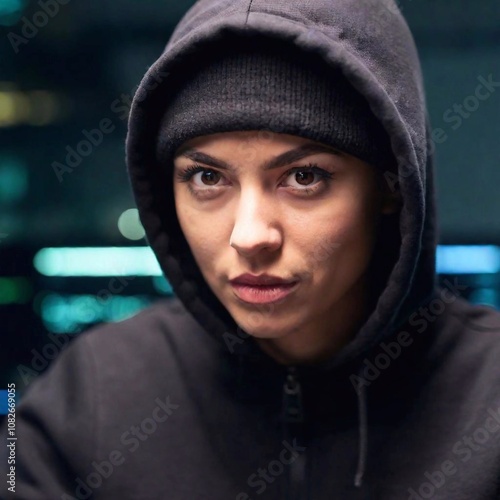 A close-up, eye-level shot of a woman hacker typing on a keyboard, with his determined expression in sharp focus and the background of digital codes softly blurred, conveying the seriousness of his ta