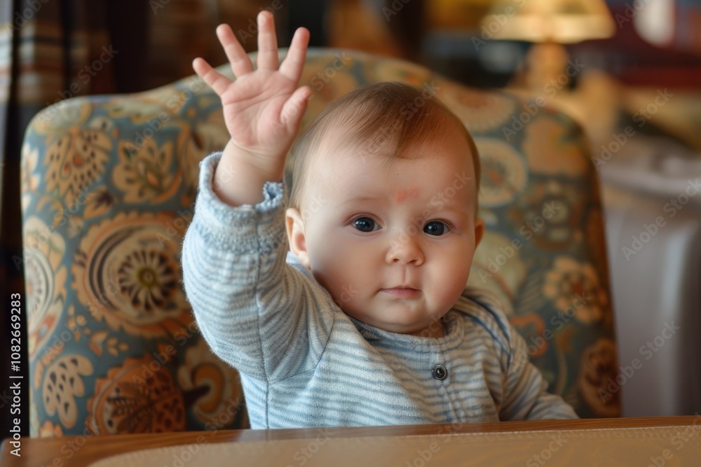 A playful toddler with bright blue eyes waves cheerfully while sitting indoors in a cozy environment, showcasing a moment of innocence and joy during daylight hours A playful toddler with bright blue eyes waves cheerfully while sitting indoors in a cozy environment, showcasing a moment of innocence and joy during daylight hours