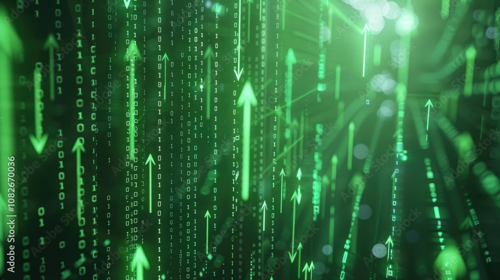 Investment concept with green arrows emerging from a digital grid Investment concept with green arrows emerging from a digital grid