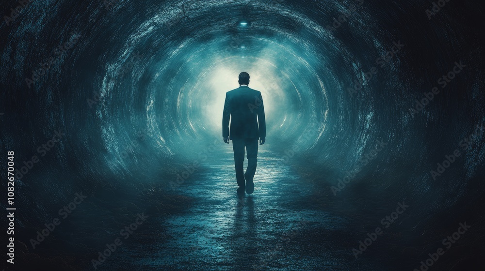 A man is walking through a tunnel in the dark A man is walking through a tunnel in the dark