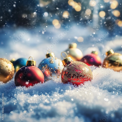 close up of a faling snowflakes float gently through the air, a bunch of a lot of colorful christmas baubles lying in the snow, winter air, sunlight, Golden bokeh, - Generative AI	 photo