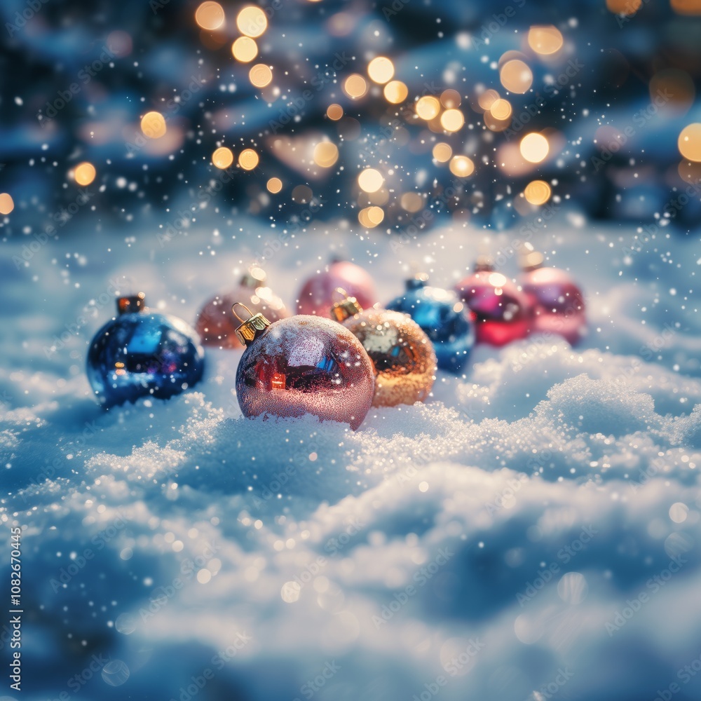 close up of a faling snowflakes float gently through the air, a bunch of a lot of colorful christmas baubles lying in the snow, winter air, sunlight, Golden bokeh, - Generative AI close up of a faling snowflakes float gently through the air, a bunch of a lot of colorful christmas baubles lying in the snow, winter air, sunlight, Golden bokeh, - Generative AI