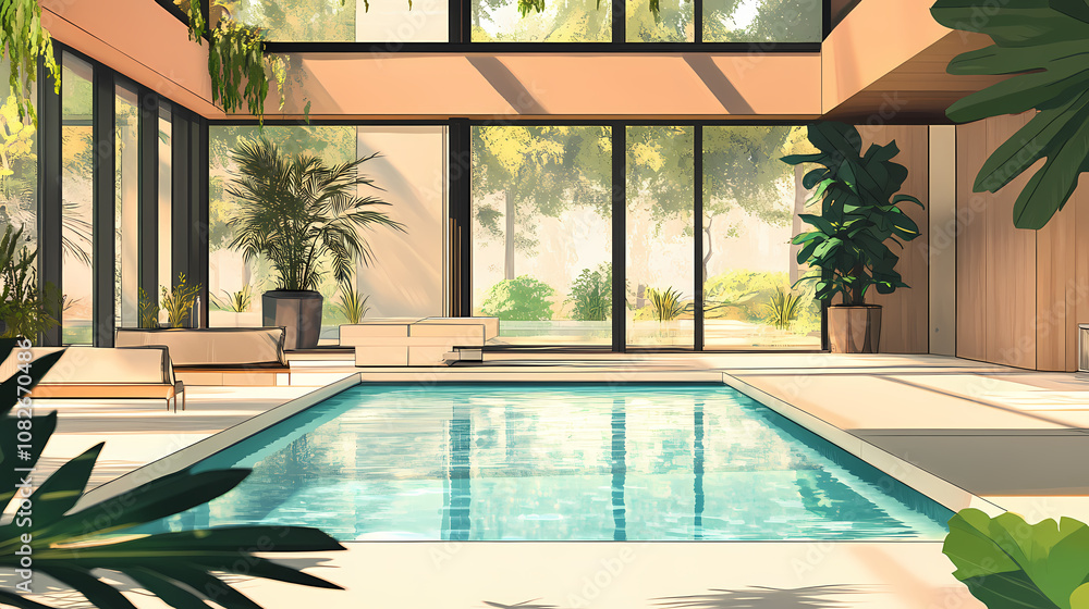 Fototapeta premium Elegance unveiled: partial interior view of a contemporary home with an exquisite pool - generative ai. Exquisite. Illustration