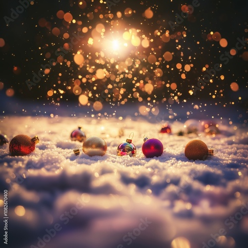 close up of a faling snowflakes float gently through the air, a bunch of a lot of colorful christmas baubles lying in the snow, winter air, sunlight, Golden bokeh, - Generative AI	 photo