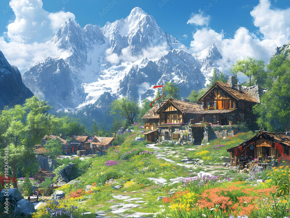 Illustration - Idyllic Mountain Village with Wildflowers and Snow-Capped Peaks Illustration - Idyllic Mountain Village with Wildflowers and Snow-Capped Peaks