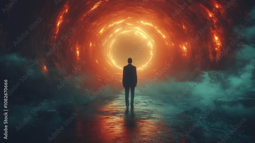 A man stands in front of a large, glowing hole in the ground A man stands in front of a large, glowing hole in the ground