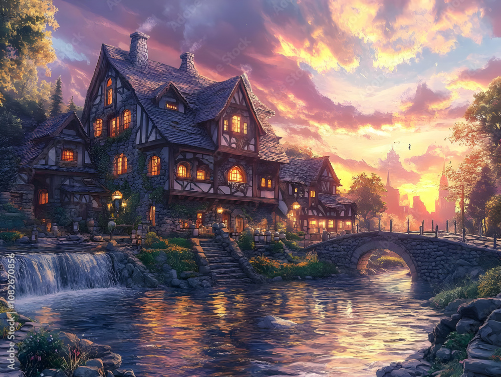 Fototapeta premium Illustration - Cozy Cottage by the River at Sunset