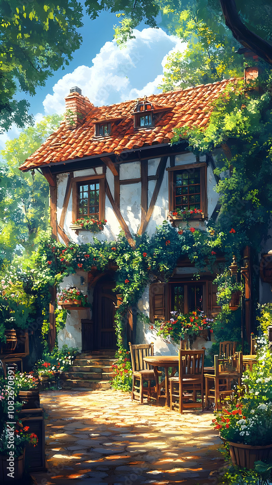 Fototapeta premium Illustration Charming Cottage Garden Flowers Sunlight Trees Vines Patio