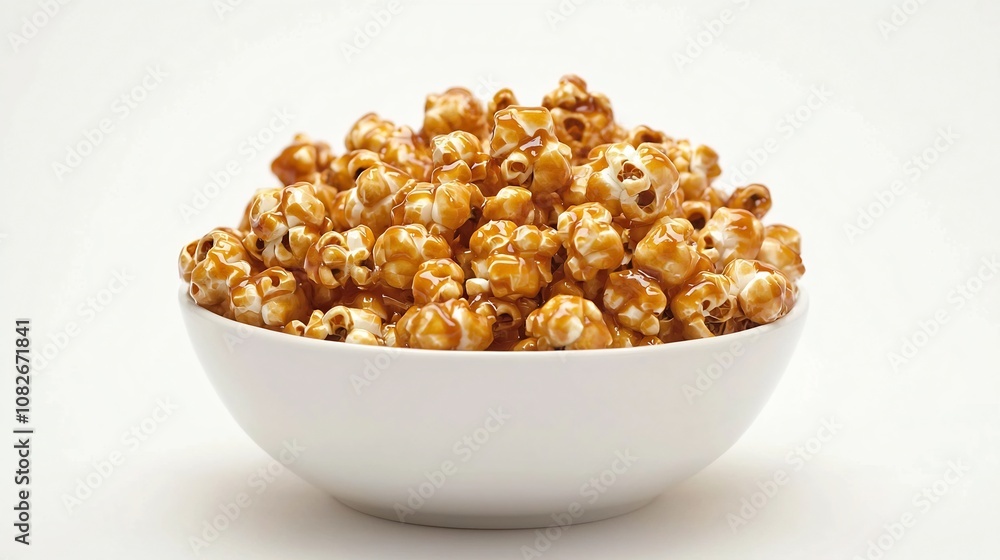 Sumptuous Caramel Popcorn in Elegant White Bowl on Pristine Background Sumptuous Caramel Popcorn in Elegant White Bowl on Pristine Background