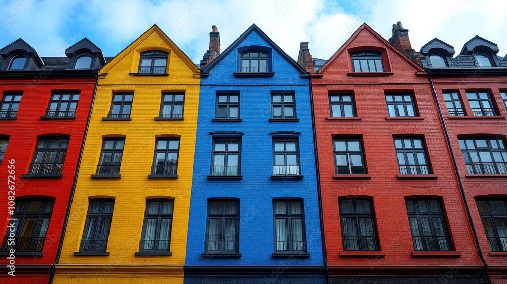 Naklejka premium Colorful building facade with vibrant hues and symmetrical windows.