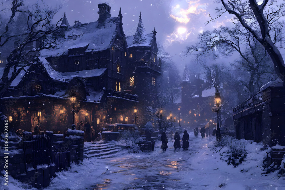 Illustration-Snowy Medieval Town at Night with People Walking Illustration-Snowy Medieval Town at Night with People Walking