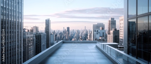 A rooftop terrace offers a sweeping view of a sprawling city skyline under a serene blue sky, inviting calm reflection and perspective. photo