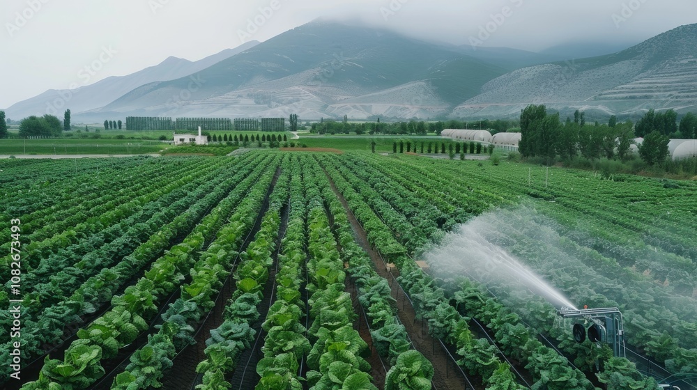 Irrigation system watering a large, green vegetable farm