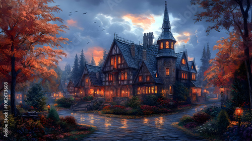 Illustration of Cozy Autumn Victorian Manor