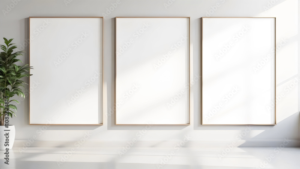 Fototapeta premium Three Empty Frames on a White Wall
