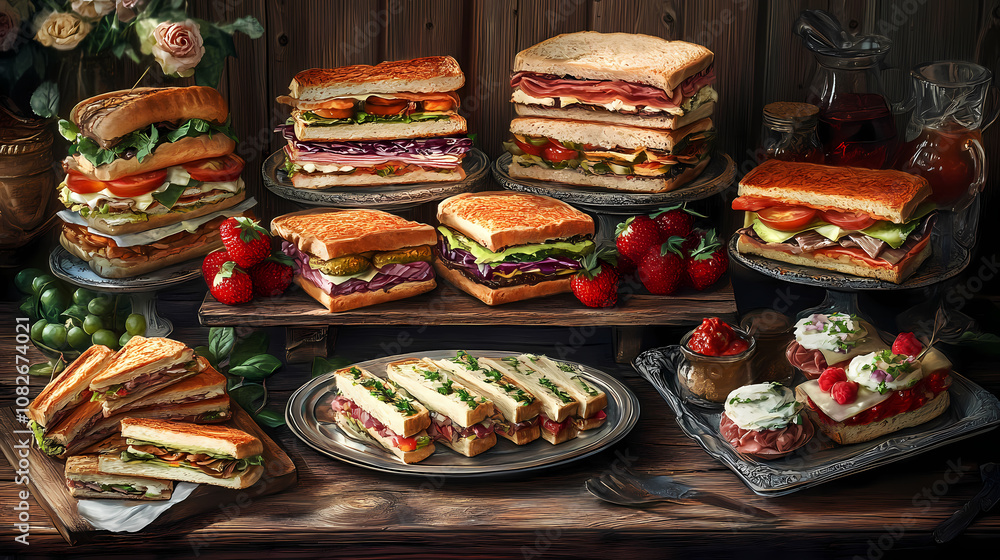 Exquisite display of varied sandwich trays artistically arranged on a rustic table for culinary delight. Exquisite. Illustration Exquisite display of varied sandwich trays artistically arranged on a rustic table for culinary delight. Exquisite. Illustration
