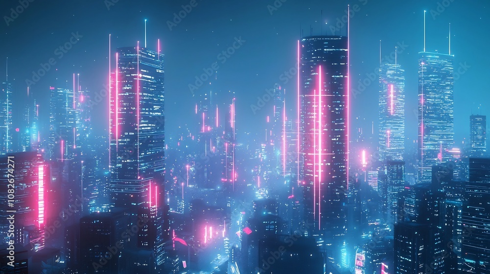 Glowing Futuristic City with Neon Data Streams Symbolizing Advanced Technology Glowing Futuristic City with Neon Data Streams Symbolizing Advanced Technology