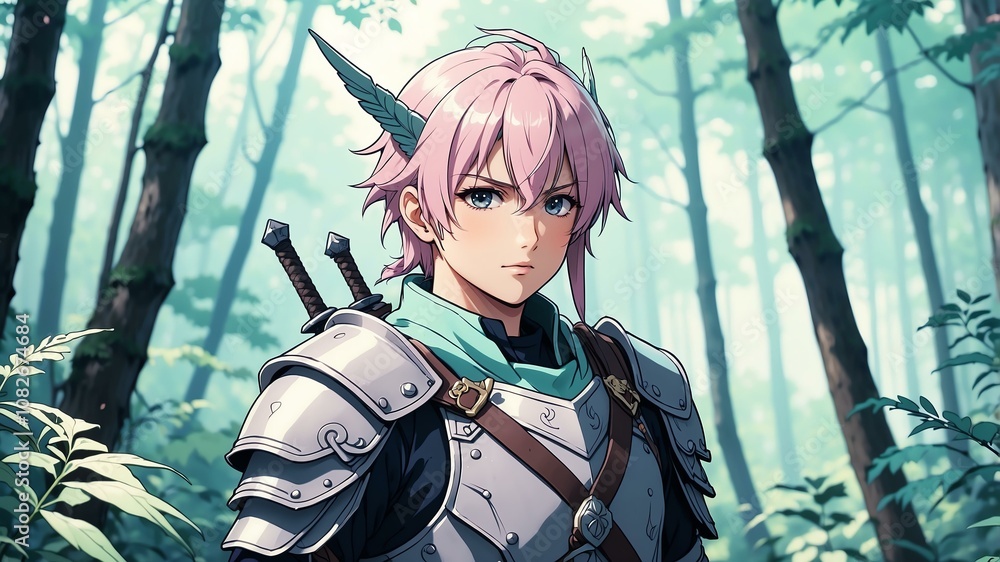 Close-up of a warrior on an aesthetic enchanted forest anime background Close-up of a warrior on an aesthetic enchanted forest anime background