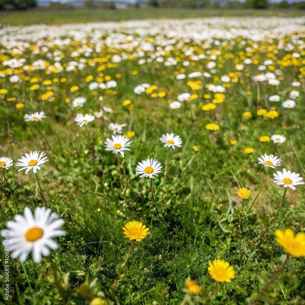 A full shot of a rolling meadow with butterflies and bees at eye level, filled with green grass and wildflowers under a bright blue sky. A full shot of a rolling meadow with butterflies and bees at eye level, filled with green grass and wildflowers under a bright blue sky.