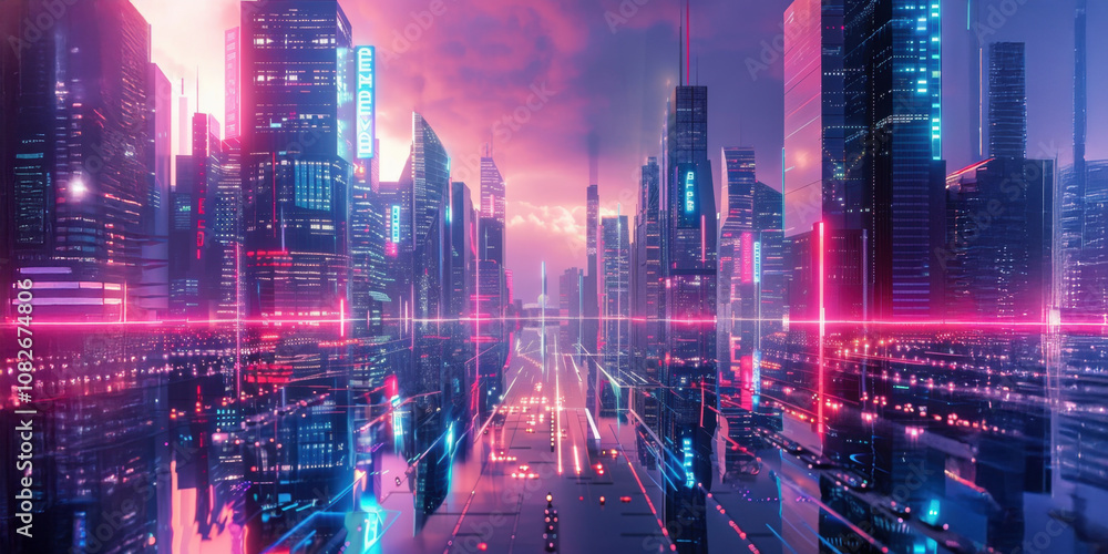 A vibrant cyberpunk cityscape at night filled with glowing neon lights reflecting on rain-soaked streets, showcasing futuristic architecture and a bustling atmosphere A vibrant cyberpunk cityscape at night filled with glowing neon lights reflecting on rain-soaked streets, showcasing futuristic architecture and a bustling atmosphere