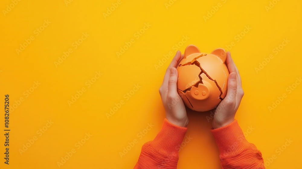 Savings at risk, hands holding broken piggy bank, economic uncertainty, 3D illustration