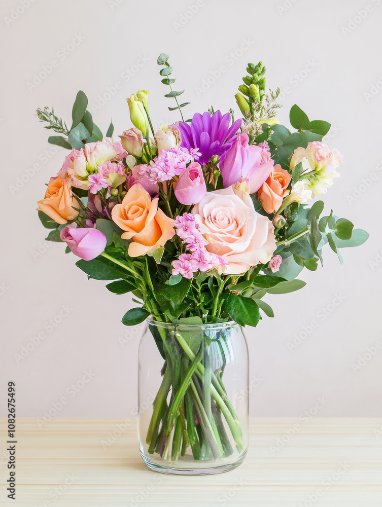 vibrant vase of mixed flowers including roses, tulips, and greenery, beautifully arranged on light wooden table, creating cheerful and fresh atmosphere vibrant vase of mixed flowers including roses, tulips, and greenery, beautifully arranged on light wooden table, creating cheerful and fresh atmosphere