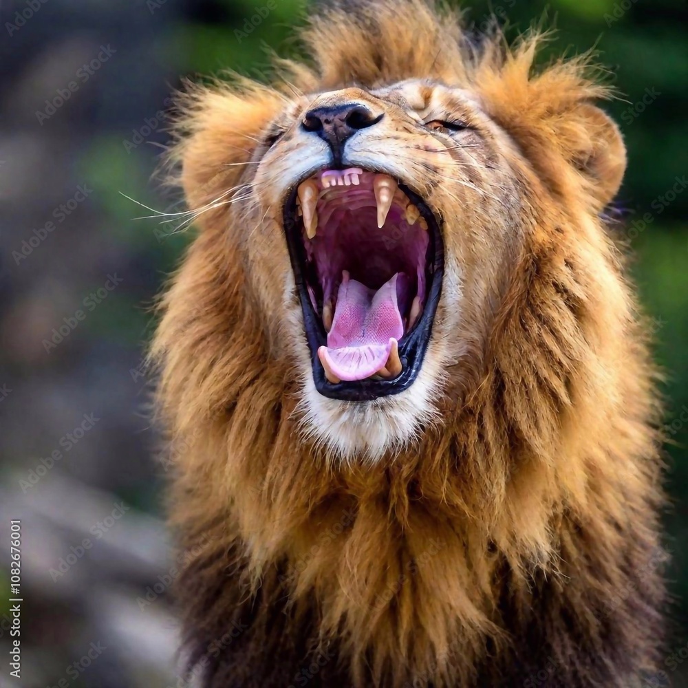 Obraz premium A close-up photo portrait of a lion roaring, deep focus on the details of its open mouth, teeth, and tongue, eye-level shot showing the dynamic expression of its strength and power
