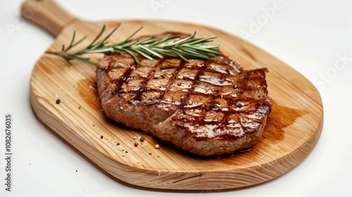 Juicy meat steak with artistic grill marks on a wooden board