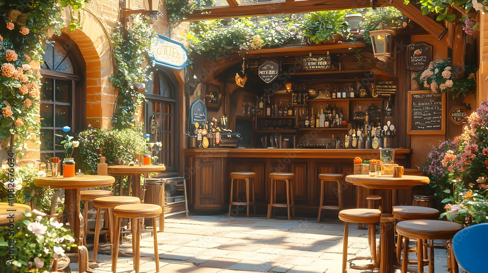 Illustration - Cozy Flowery Cafe Bar Sunlight Patio Illustration - Cozy Flowery Cafe Bar Sunlight Patio