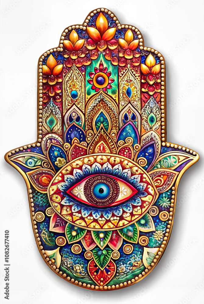 Naklejka premium Hamsa hand with intricate colorful design