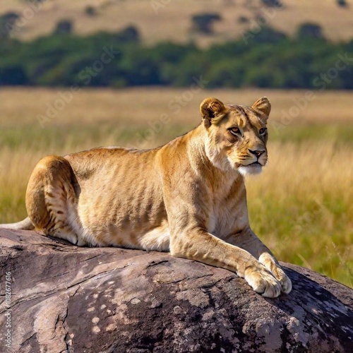 A full shot photo of a lioness resting on a large rock, deep focus on its relaxed posture and the texture of its mane, low-angle shot capturing the full body against a backdrop of the expansive savann photo