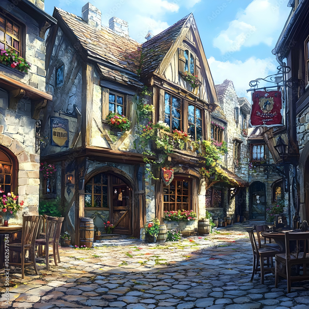 Fototapeta premium Illustration - Charming Medieval Town Street Tavern, Flowers, Sunny Day