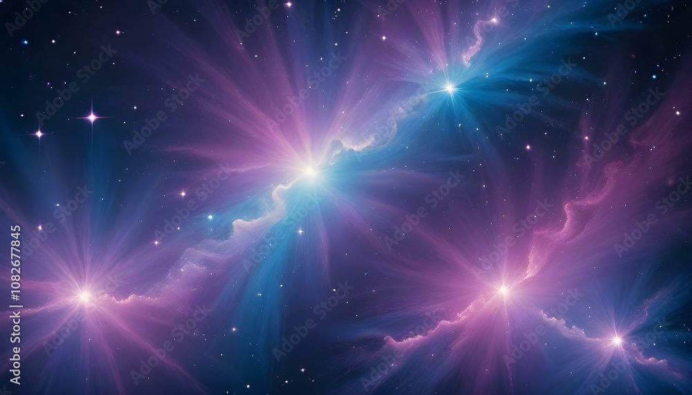 Naklejka premium Un fondo abstracto en tonos de azul, morado y rosa, imitando una nebulosa en el espacio profundo. Pequeños destellos de estrellas y luces difusas dan un aspecto etéreo y misterioso