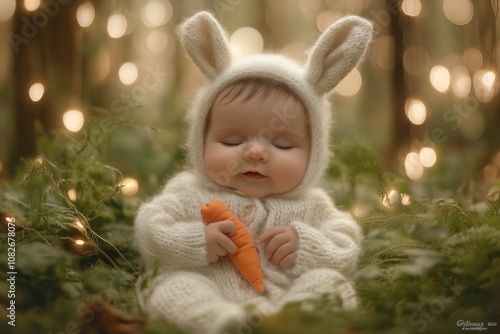 A baby in a white rabbit onesie, holding a carrot plush toy, in an enchanting fantasy-style cosplay photography setting