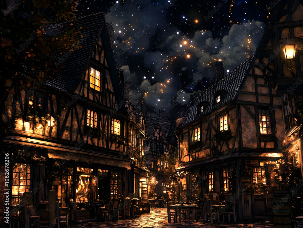 Illustration - Cozy Medieval Town at Night Under a Starry Sky Illustration - Cozy Medieval Town at Night Under a Starry Sky