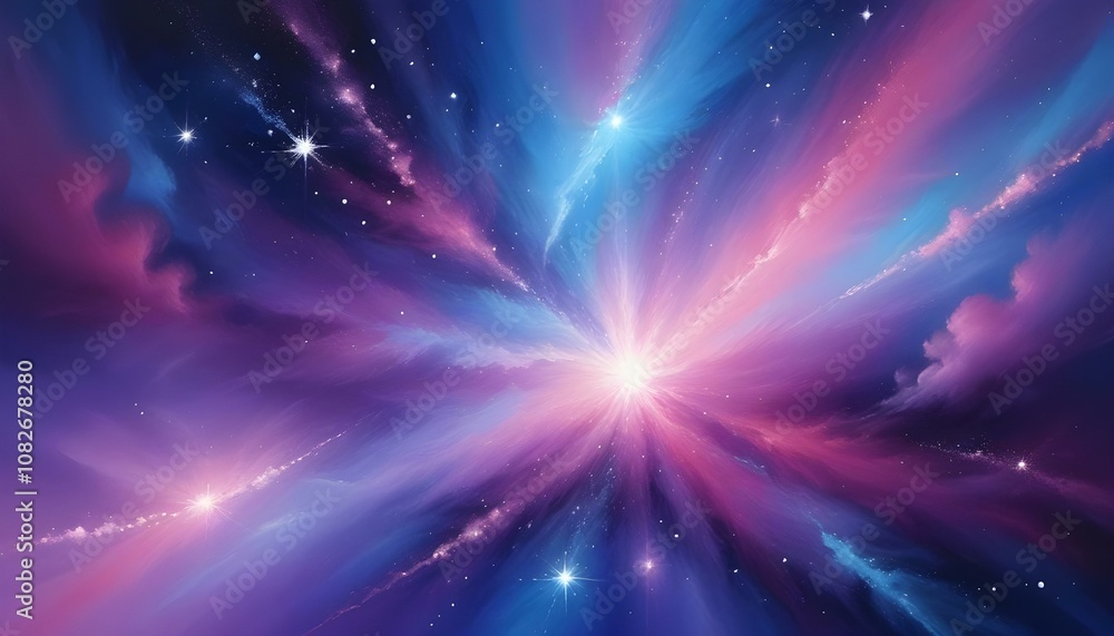 Naklejka premium Un fondo abstracto en tonos de azul, morado y rosa, imitando una nebulosa en el espacio profundo. Pequeños destellos de estrellas y luces difusas dan un aspecto etéreo y misterioso