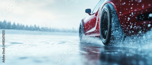 A sleek red car glides over an icy road, showcasing precision and control amidst a snowy wonderland, with snowflakes dancing nearby. photo