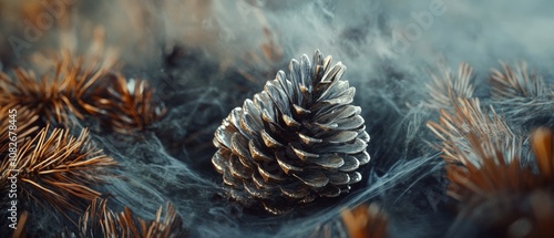 A frosty pine cone enveloped in cobwebs rests among delicate needles, illustrating nature's quiet design and cold elegance.