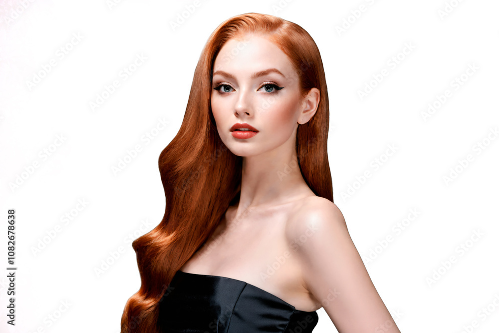 portrait of a woman model with wavy red long hair isolated on white background portrait of a woman model with wavy red long hair isolated on white background